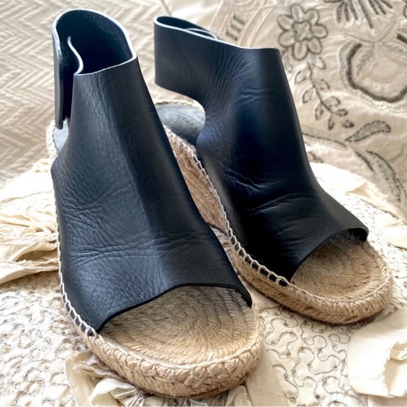CELINE Black Leather Espadrilles Peep Toe Rope Wedges Size 7 / 37 - Picture 2 of 8